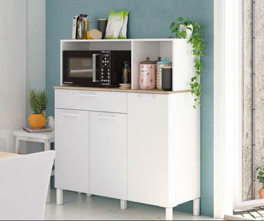 Denby White and Oak 3-Door Utility Kitchen Cupboard with Hutch and Drawer - UK Luxury Furniture